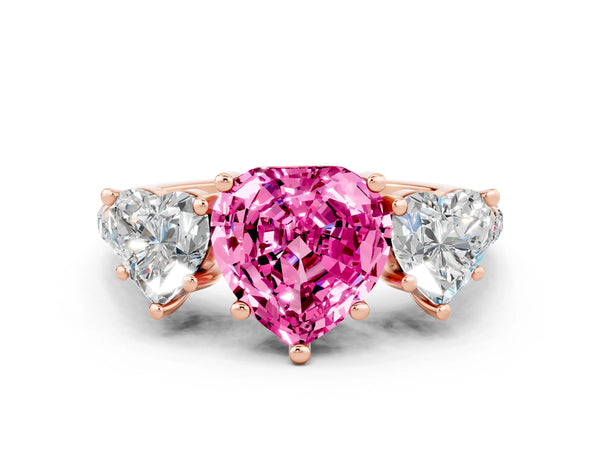 Rose gold Three-Stone Heart Cut Pink Sapphire Ring with Round  Pavé Band and Prong Setting