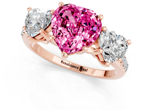Rose gold Three-Stone Heart Cut Pink Sapphire Ring with Pavé Band and Prong Setting_37