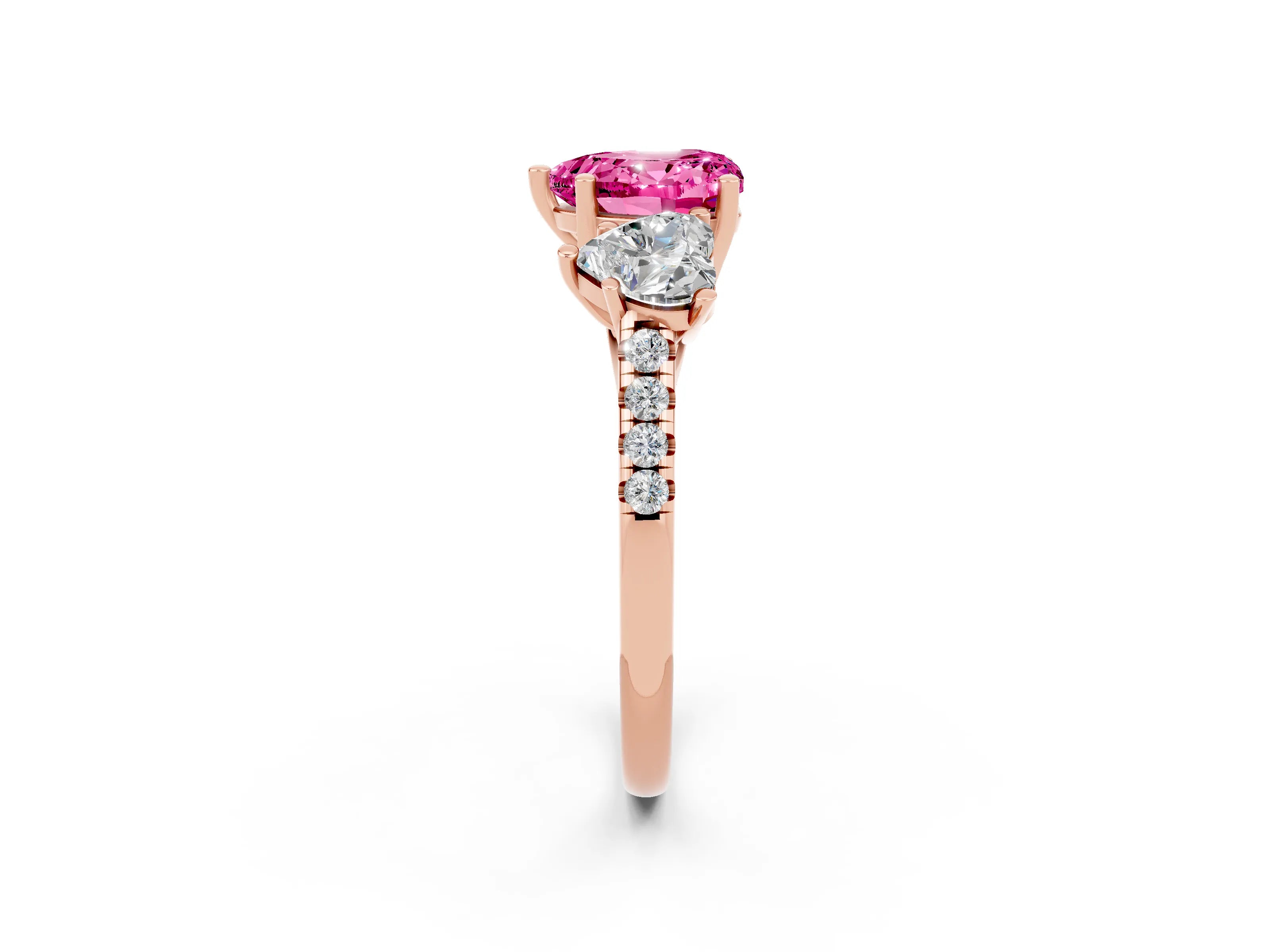 Rose gold Three-Stone Heart Cut Pink Sapphire Ring with Pavé Band and Prong Setting_38