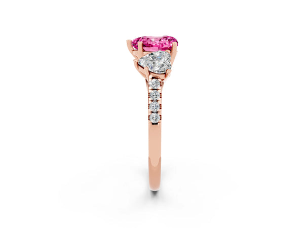 Rose gold Three-Stone Heart Cut Pink Sapphire Ring with Round  Pavé Band and Prong Setting