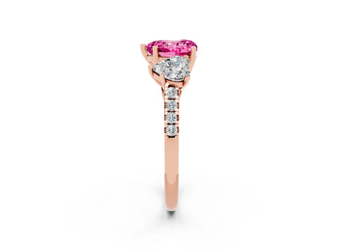 Rose gold Three-Stone Heart Cut Pink Sapphire Ring with Pavé Band and Prong Setting_38