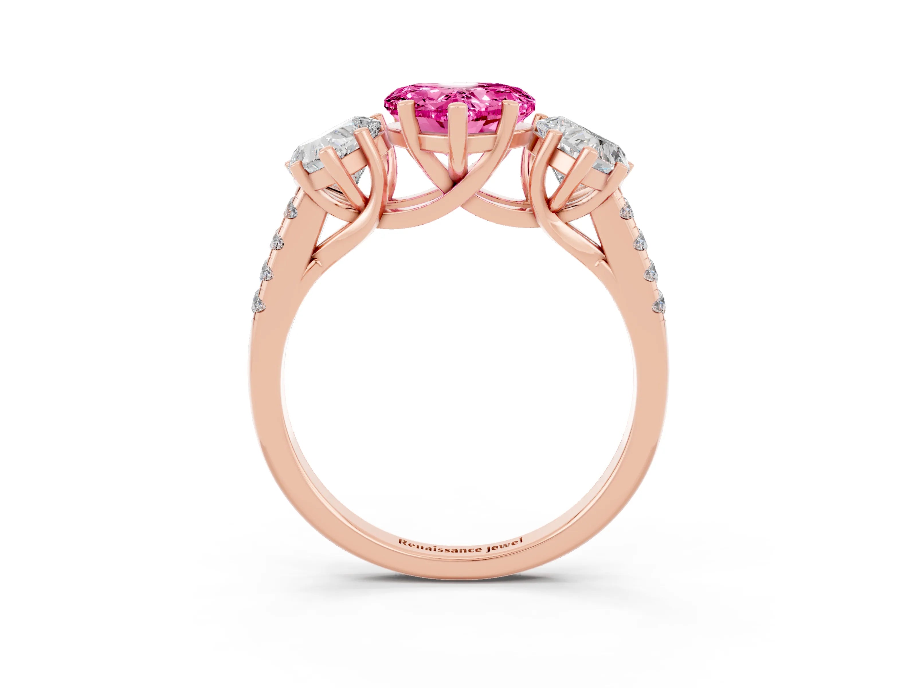 Rose gold Three-Stone Heart Cut Pink Sapphire Ring with Pavé Band and Prong Setting_39