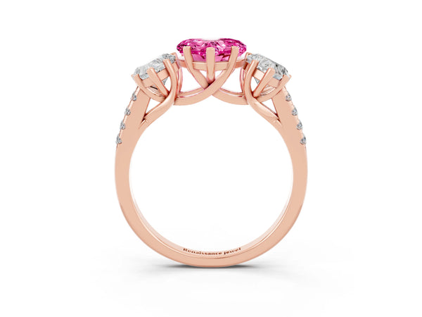 Rose gold Three-Stone Heart Cut Pink Sapphire Ring with Round  Pavé Band and Prong Setting