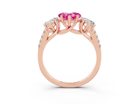 Rose gold Three-Stone Heart Cut Pink Sapphire Ring with Pavé Band and Prong Setting_39