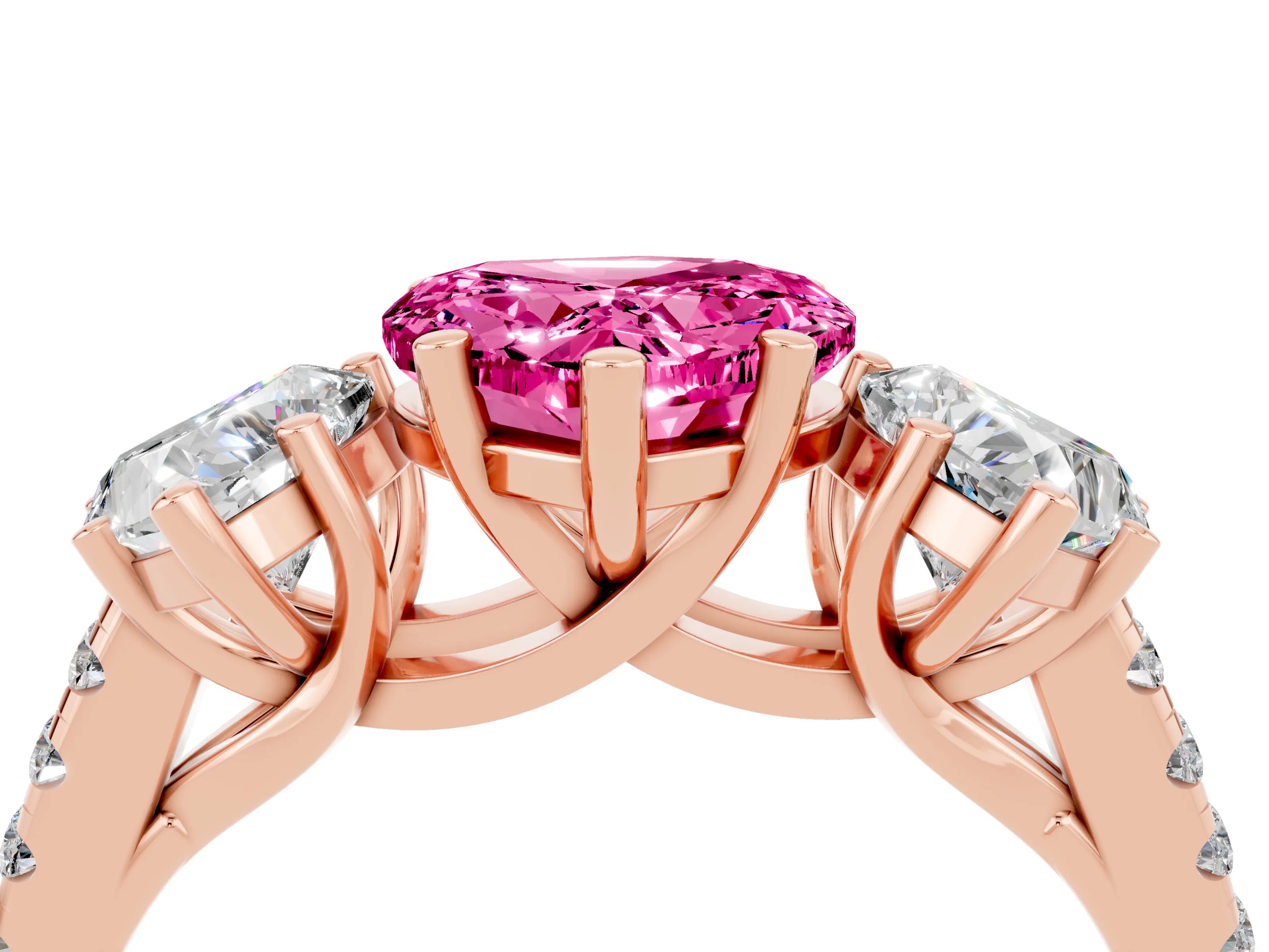 Rose gold Three-Stone Heart Cut Pink Sapphire Ring with Pavé Band and Prong Setting_40