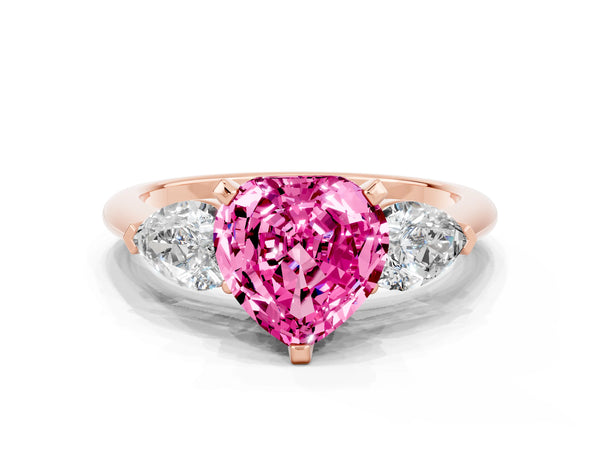 Rose gold Three-Stone Heart Cut Pink Sapphire Ring with Pear Side Stones and Four-Prong Setting