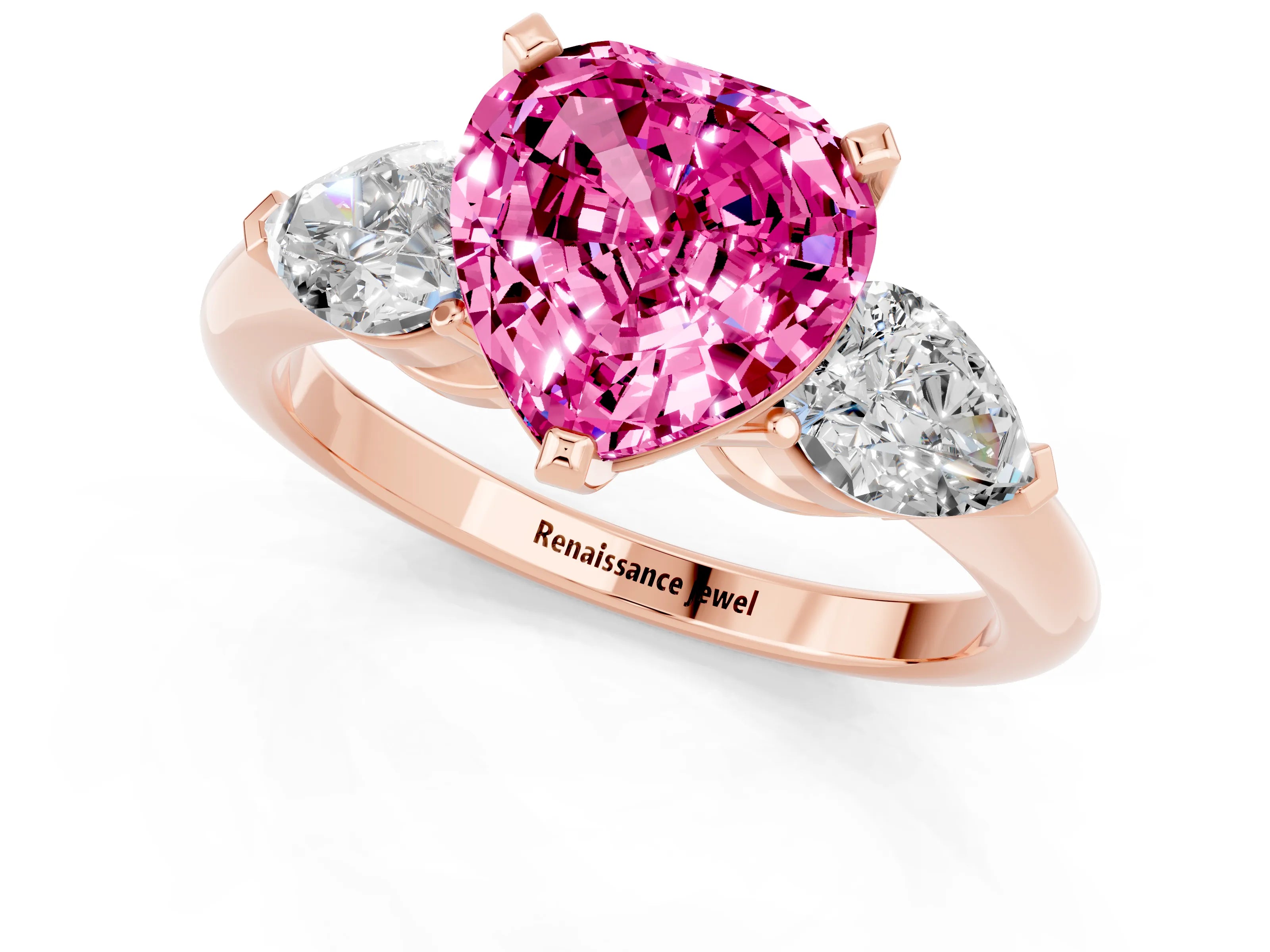 Rose gold Three-Stone Heart Cut Pink Sapphire Ring with Pear Side Stones and Four-Prong Setting_25