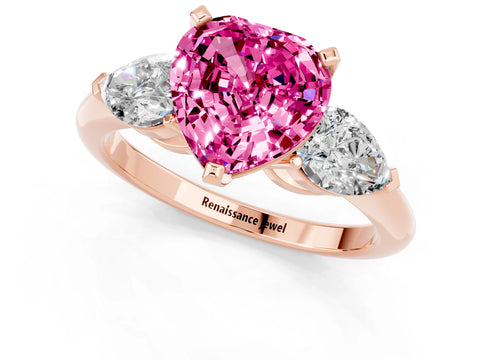 Rose gold Three-Stone Heart Cut Pink Sapphire Ring with Pear Side Stones and Four-Prong Setting_25