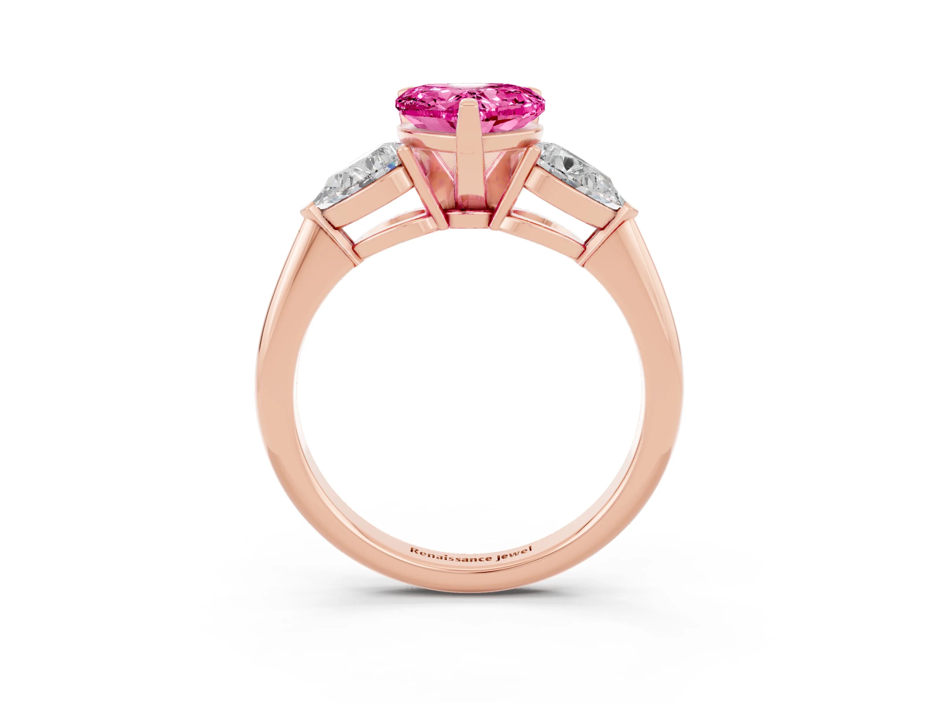 Rose gold Three-Stone Heart Cut Pink Sapphire Ring with Pear Side Stones and Four-Prong Setting_27