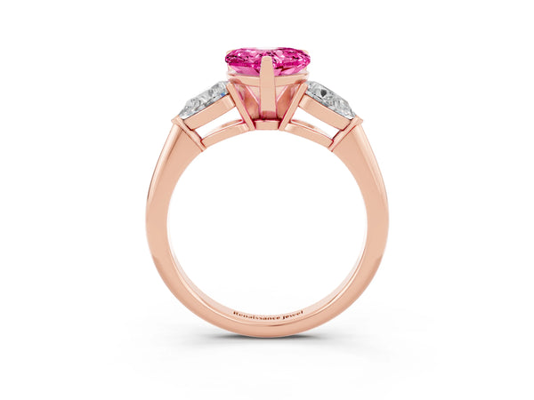 Rose gold Three-Stone Heart Cut Pink Sapphire Ring with Pear Side Stones and Four-Prong Setting