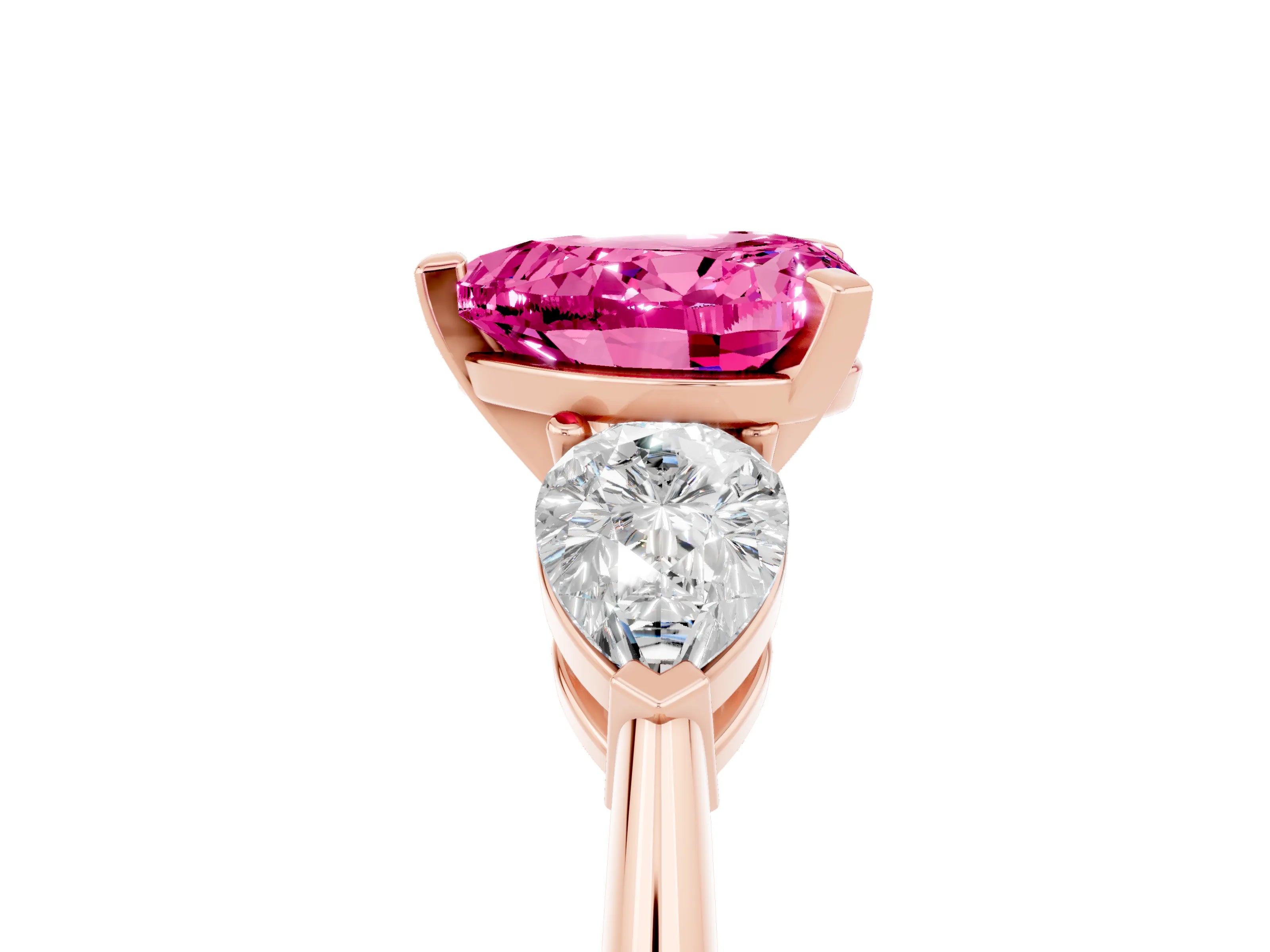 Rose gold Three-Stone Heart Cut Pink Sapphire Ring with Pear Side Stones and Four-Prong Setting_29