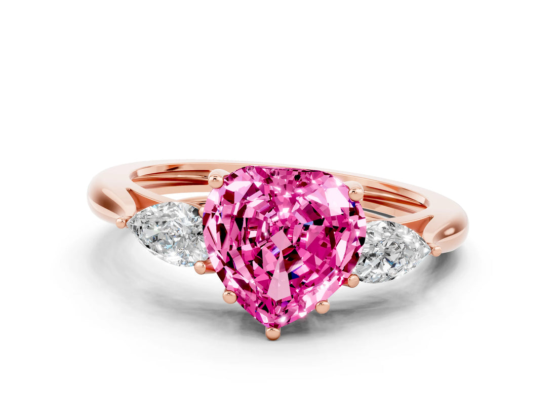 Rose gold Three-Stone Heart Cut Pink Sapphire Ring with Pear  Side Stones in Four-Prong Setting_12