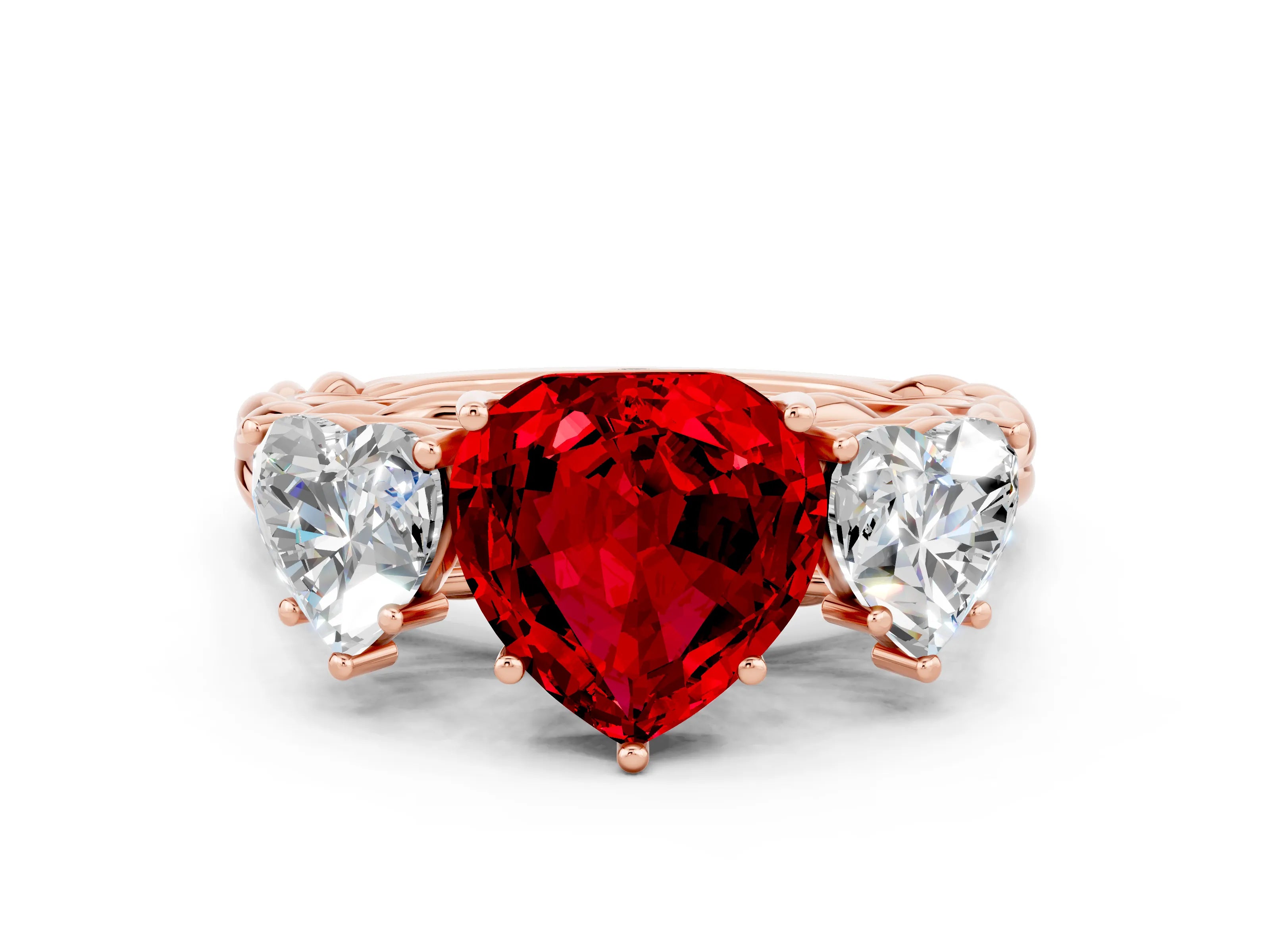 Rose gold Three-Stone Heart Cut Ruby Braided Band Ring with Four-Prong Setting_12