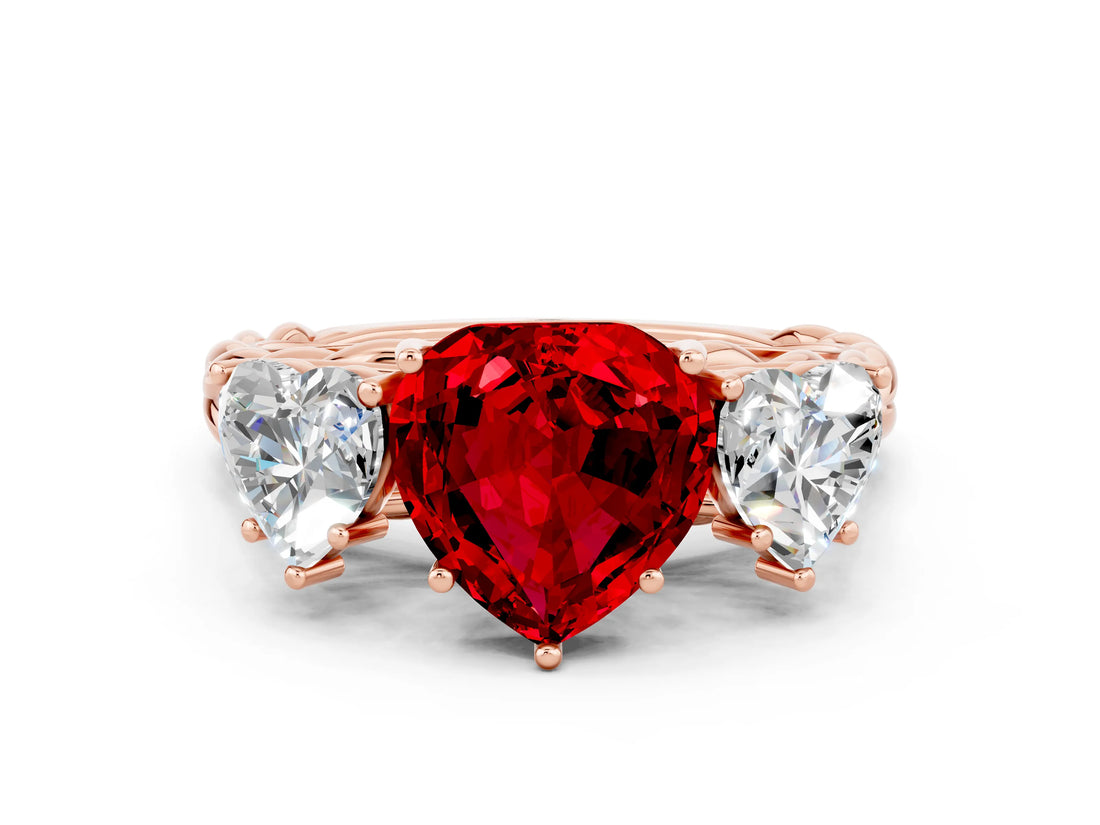 Rose gold Three-Stone Heart Cut Ruby Braided Band Ring with Four-Prong Setting_12