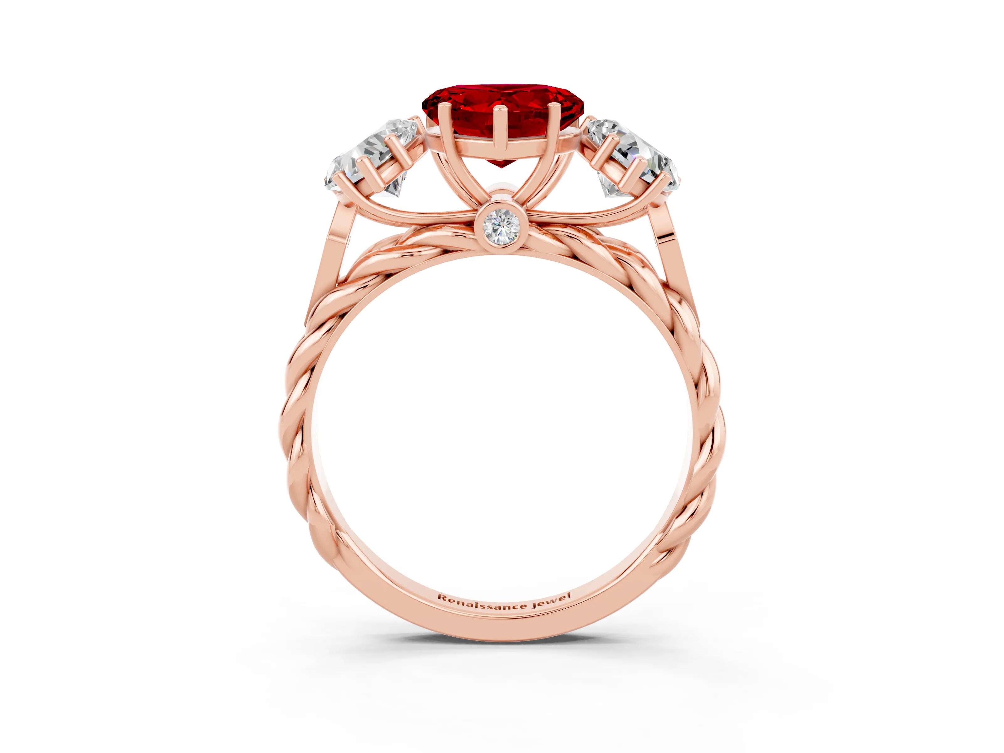 Rose gold Three-Stone Heart Cut Ruby Braided Band Ring with Four-Prong Setting_15