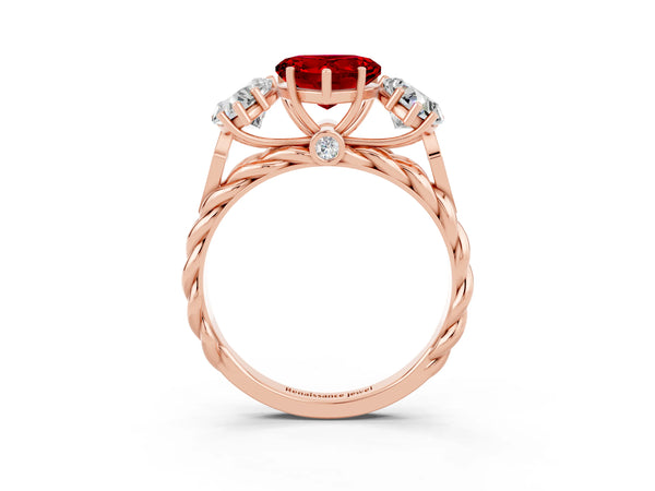 Rose gold Three-Stone Heart Cut Ruby Braided Band Ring with Four-Prong Setting