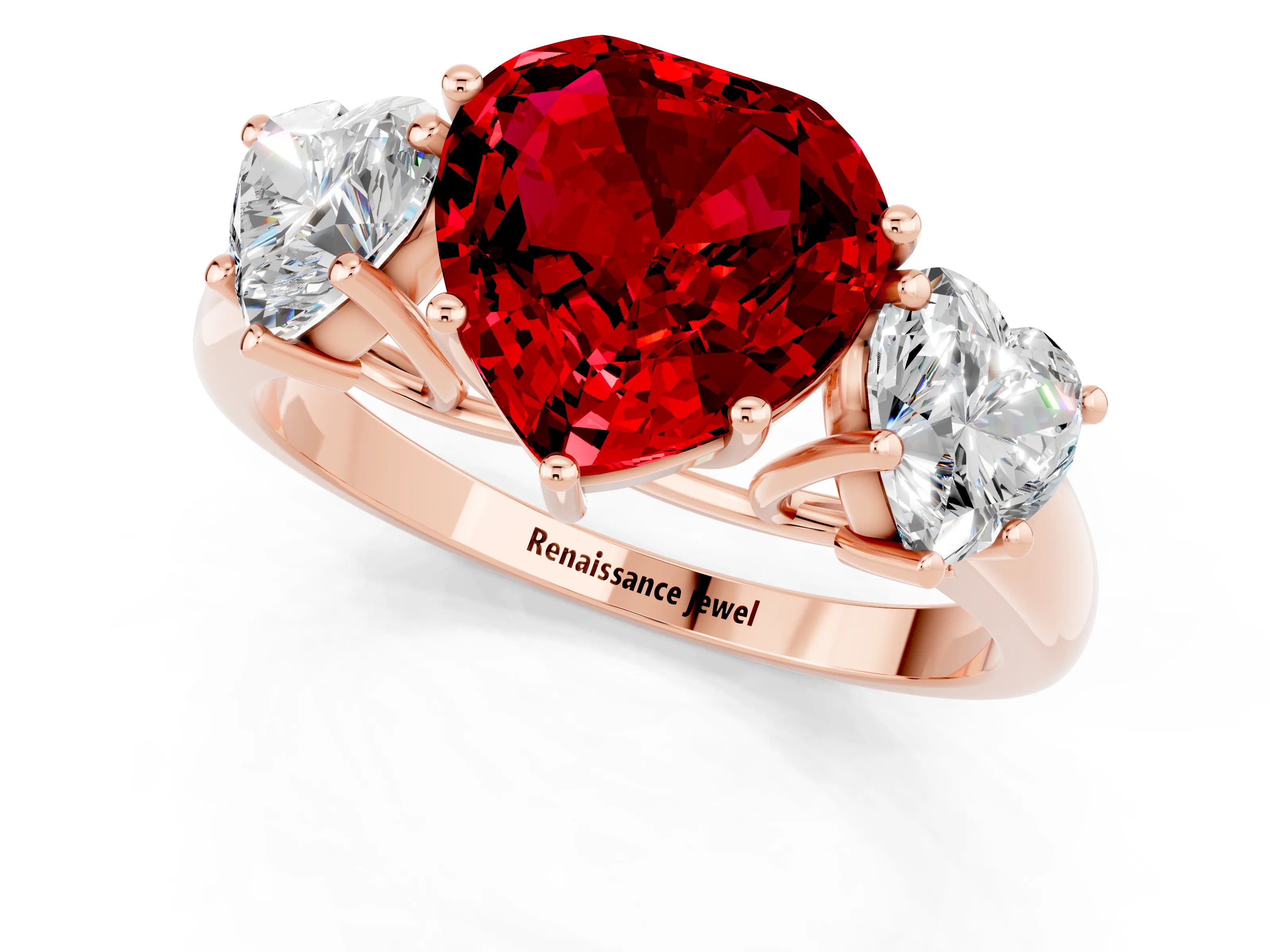 Rose gold Three-Stone Heart Cut Ruby Engagement Ring with Prong Setting_1