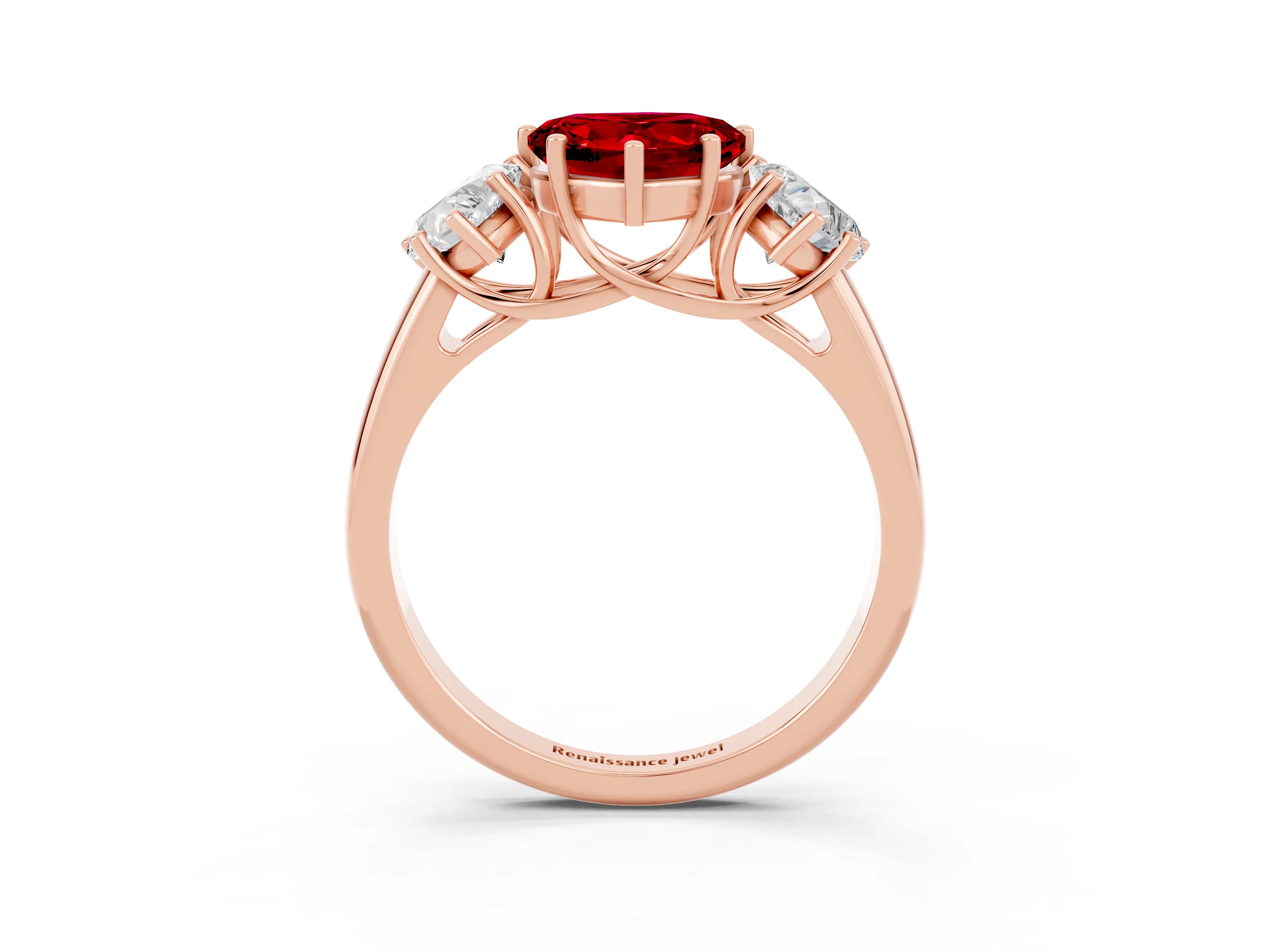 Rose gold Three-Stone Heart Cut Ruby Engagement Ring with Prong Setting_3