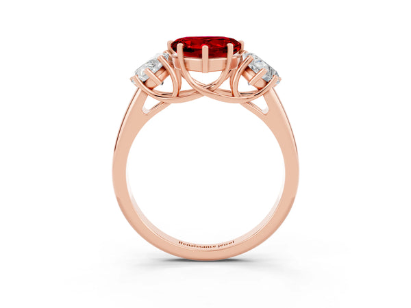 Rose gold Three-Stone Heart Cut Ruby Engagement Ring with Prong Setting