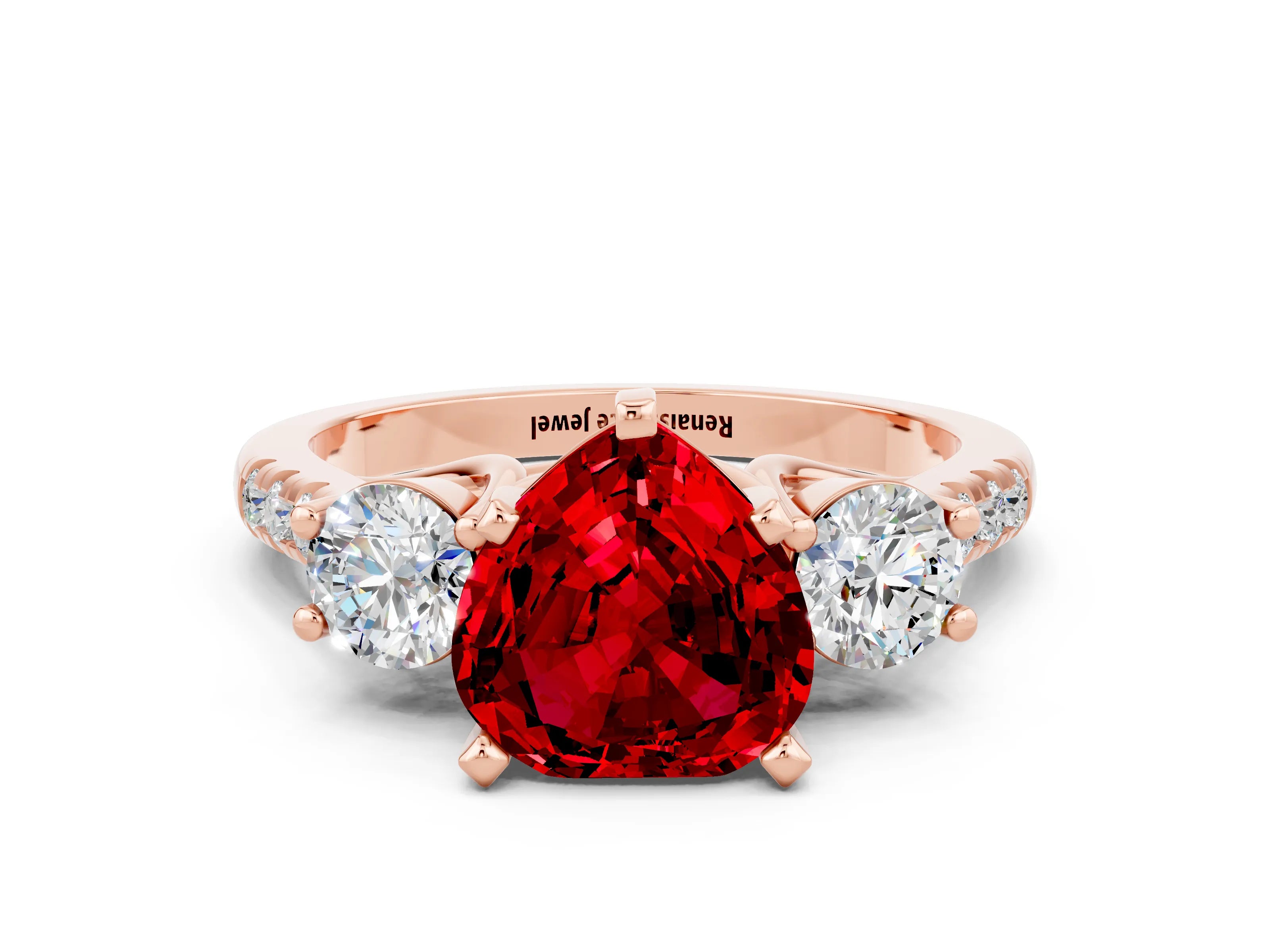 Rose gold Three-Stone Heart Cut Ruby Pavé Band with Four-Prong Setting