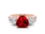 Rose gold Three-Stone Heart Cut Ruby Pavé Band with Four-Prong Setting