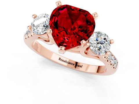 Rose gold Three-Stone Heart Cut Ruby Pavé Band with Four-Prong Setting_1