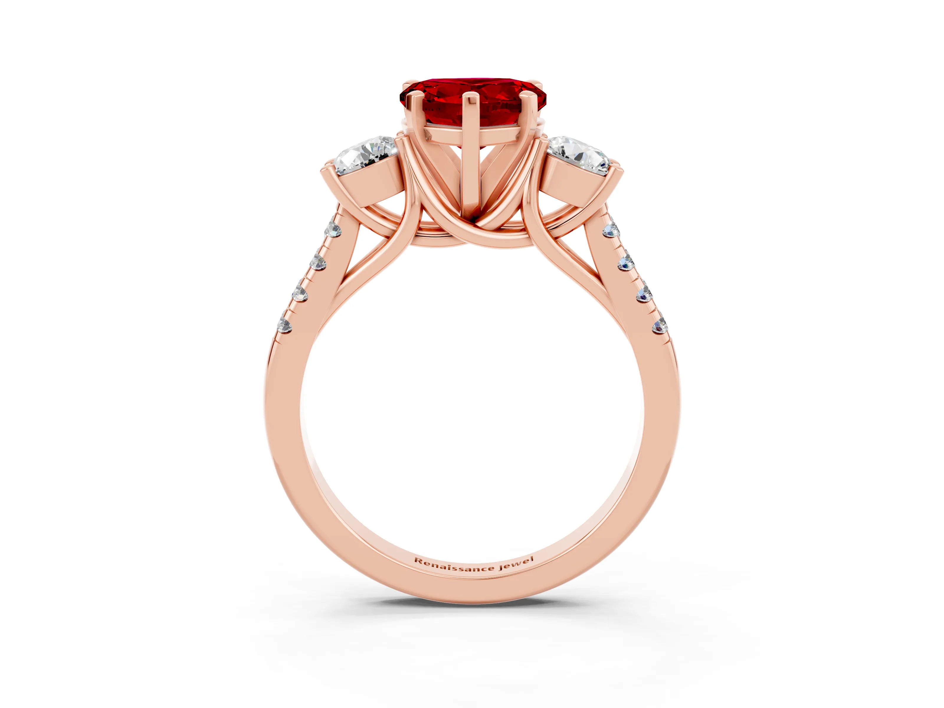 Rose gold Three-Stone Heart Cut Ruby Pavé Band with Four-Prong Setting_3