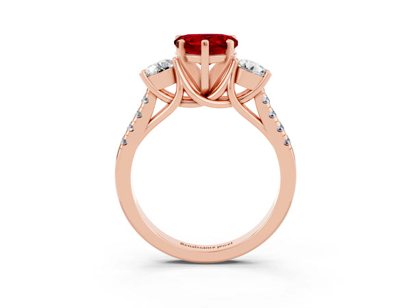 Rose gold Three-Stone Heart Cut Ruby Pavé Band with Four-Prong Setting
