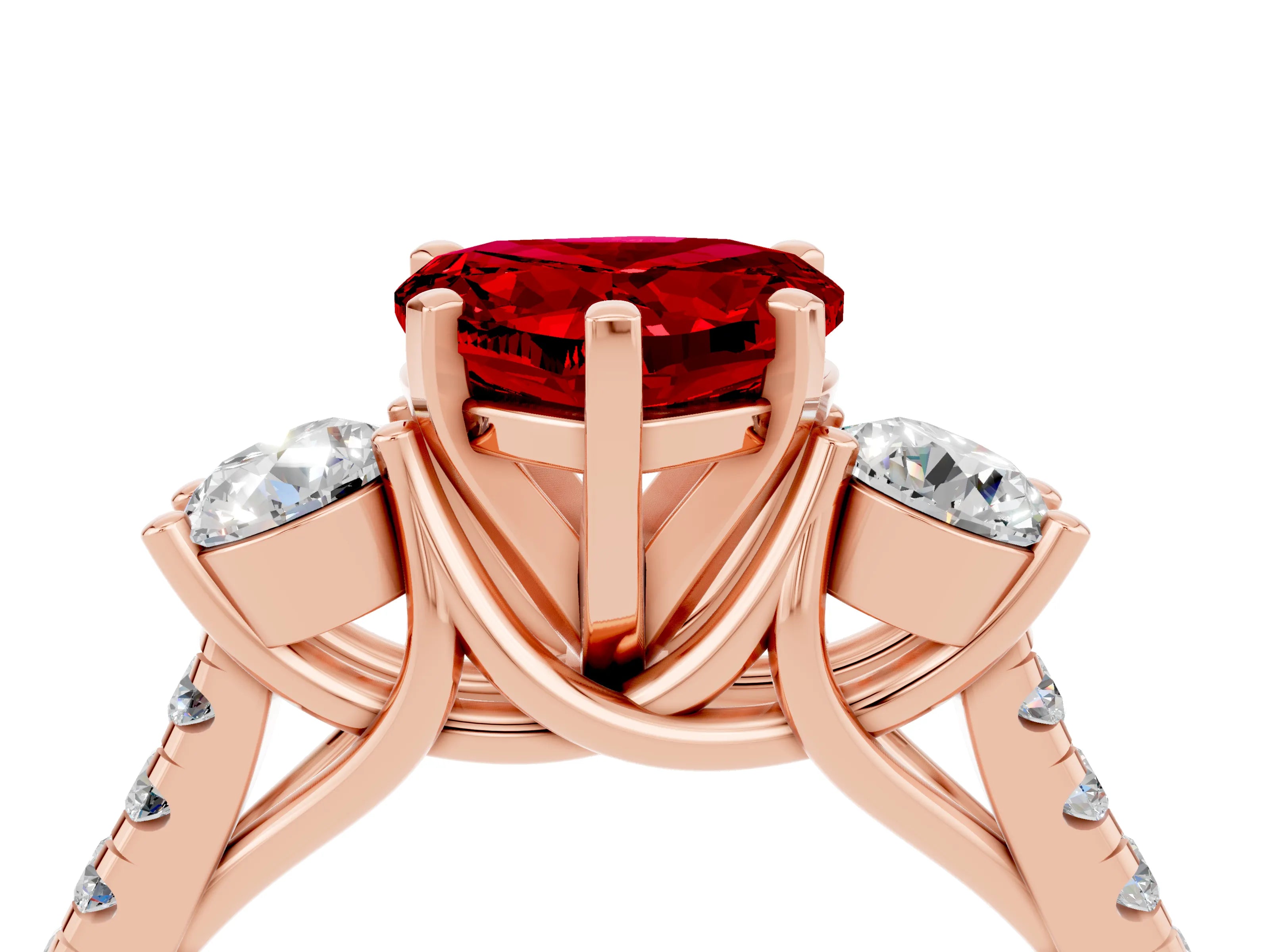 Rose gold Three-Stone Heart Cut Ruby Pavé Band with Four-Prong Setting_4
