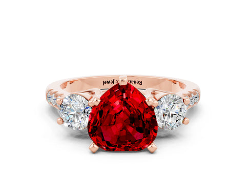 Rose gold Three-Stone Heart Cut Ruby Pavé Band with Four-Prong Setting