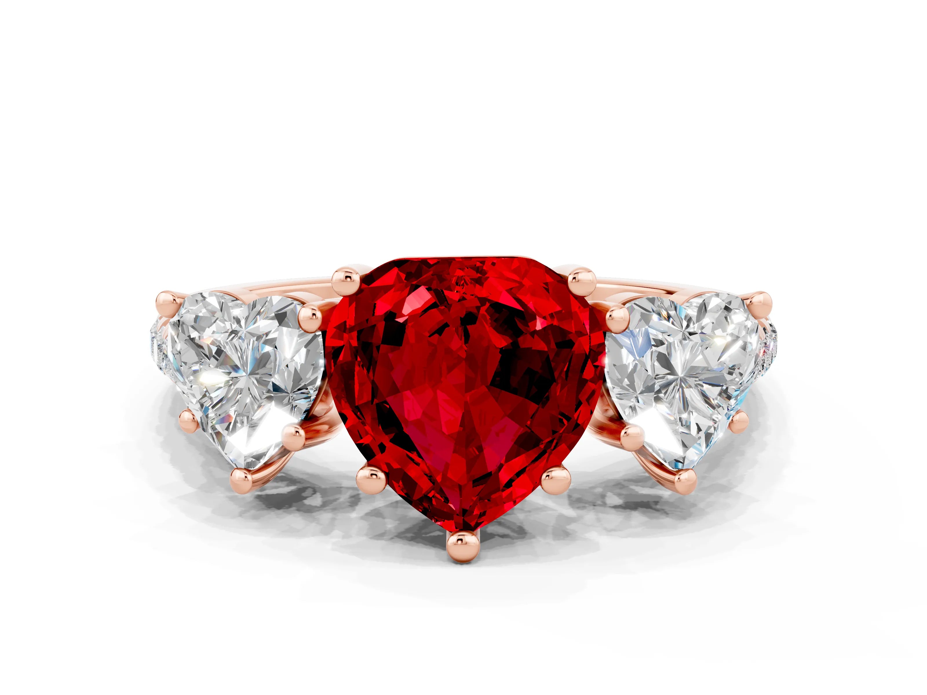 Rose gold Three-Stone Heart Cut Ruby Ring with Pavé Band and Prong Setting_12