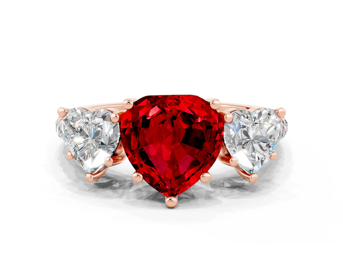 Rose gold Three-Stone Heart Cut Ruby Ring with Pavé Band and Prong Setting_12