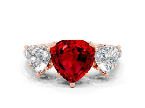Rose gold Three-Stone Heart Cut Ruby Ring with Pavé Band and Prong Setting_12