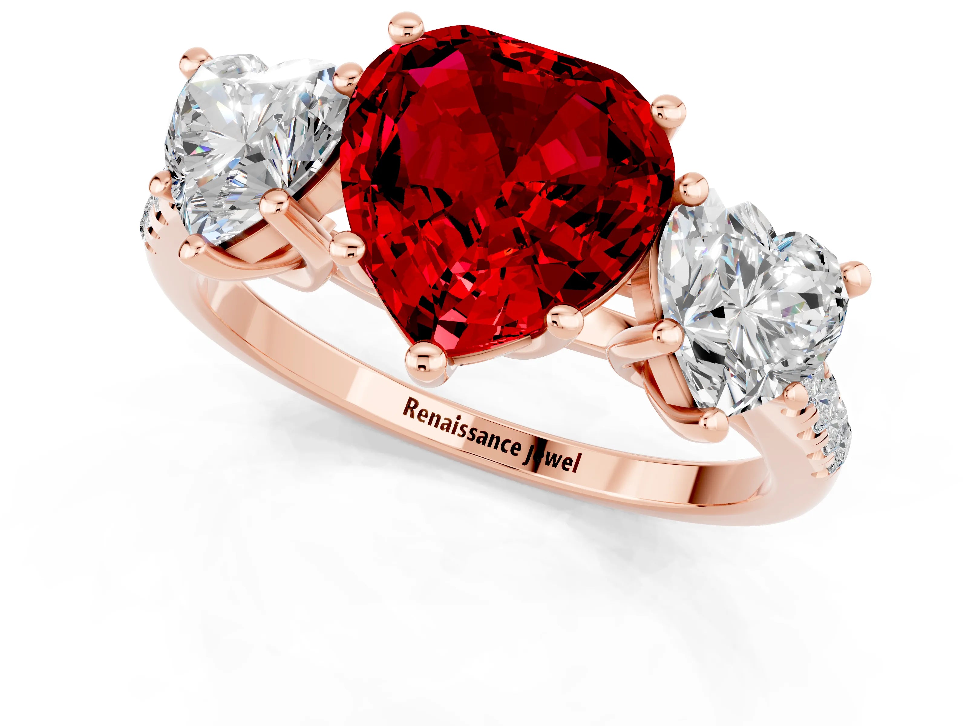 Rose gold Three-Stone Heart Cut Ruby Ring with Pavé Band and Prong Setting_13