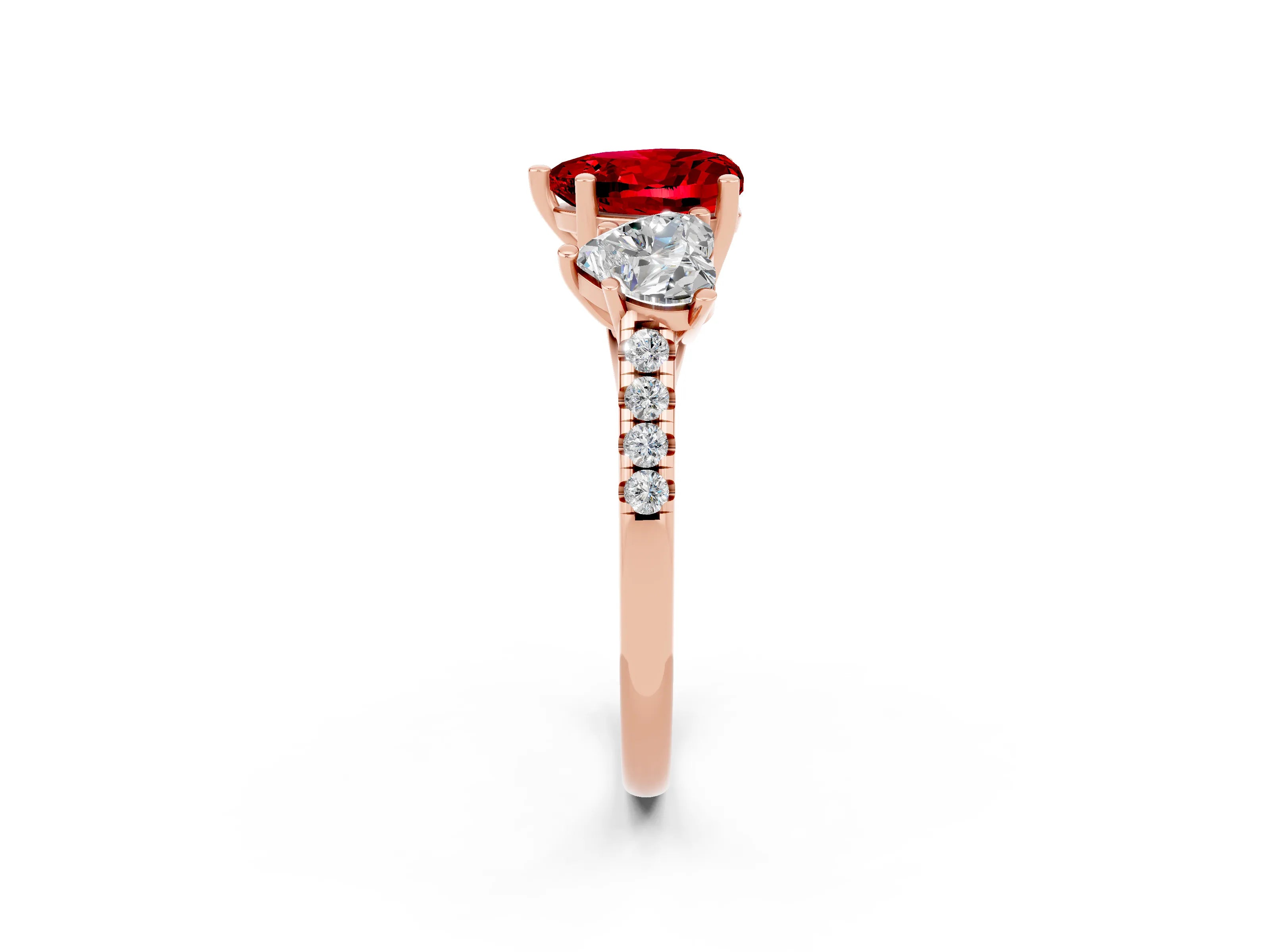Rose gold Three-Stone Heart Cut Ruby Ring with Pavé Band and Prong Setting_14