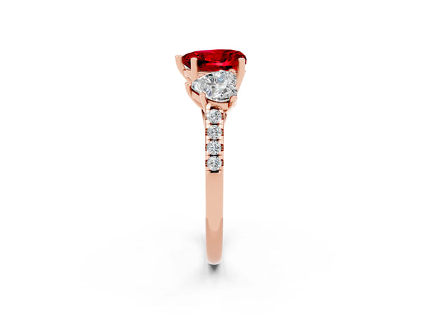 Rose gold Three-Stone Heart Cut Ruby Ring with Round  Pavé Band and Prong Setting