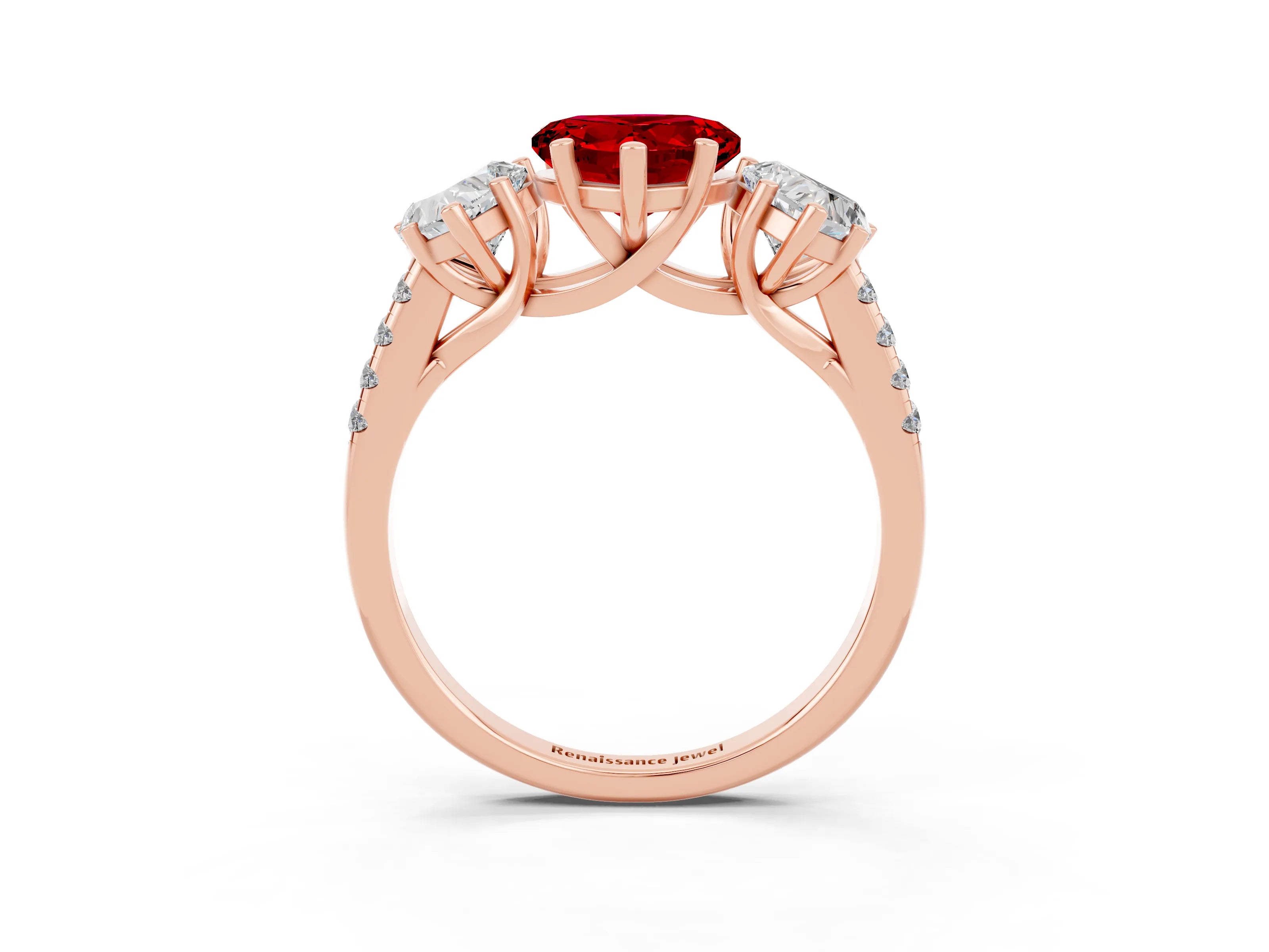 Rose gold Three-Stone Heart Cut Ruby Ring with Pavé Band and Prong Setting_15