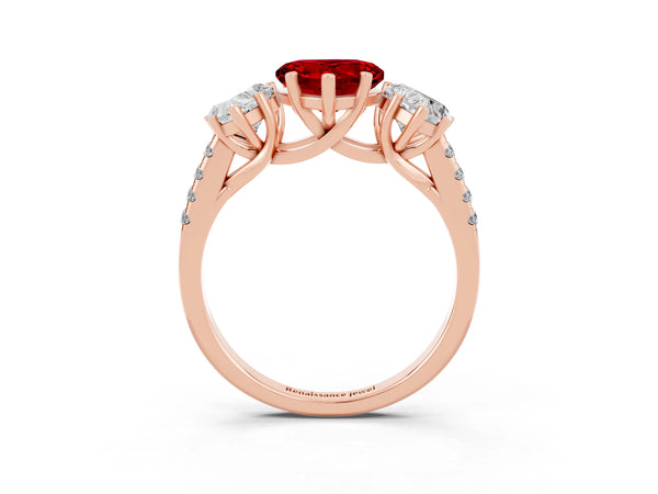 Rose gold Three-Stone Heart Cut Ruby Ring with Round  Pavé Band and Prong Setting
