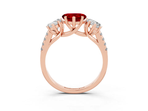 Rose gold Three-Stone Heart Cut Ruby Ring with Pavé Band and Prong Setting_15