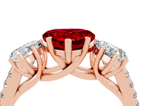 Rose gold Three-Stone Heart Cut Ruby Ring with Pavé Band and Prong Setting_16