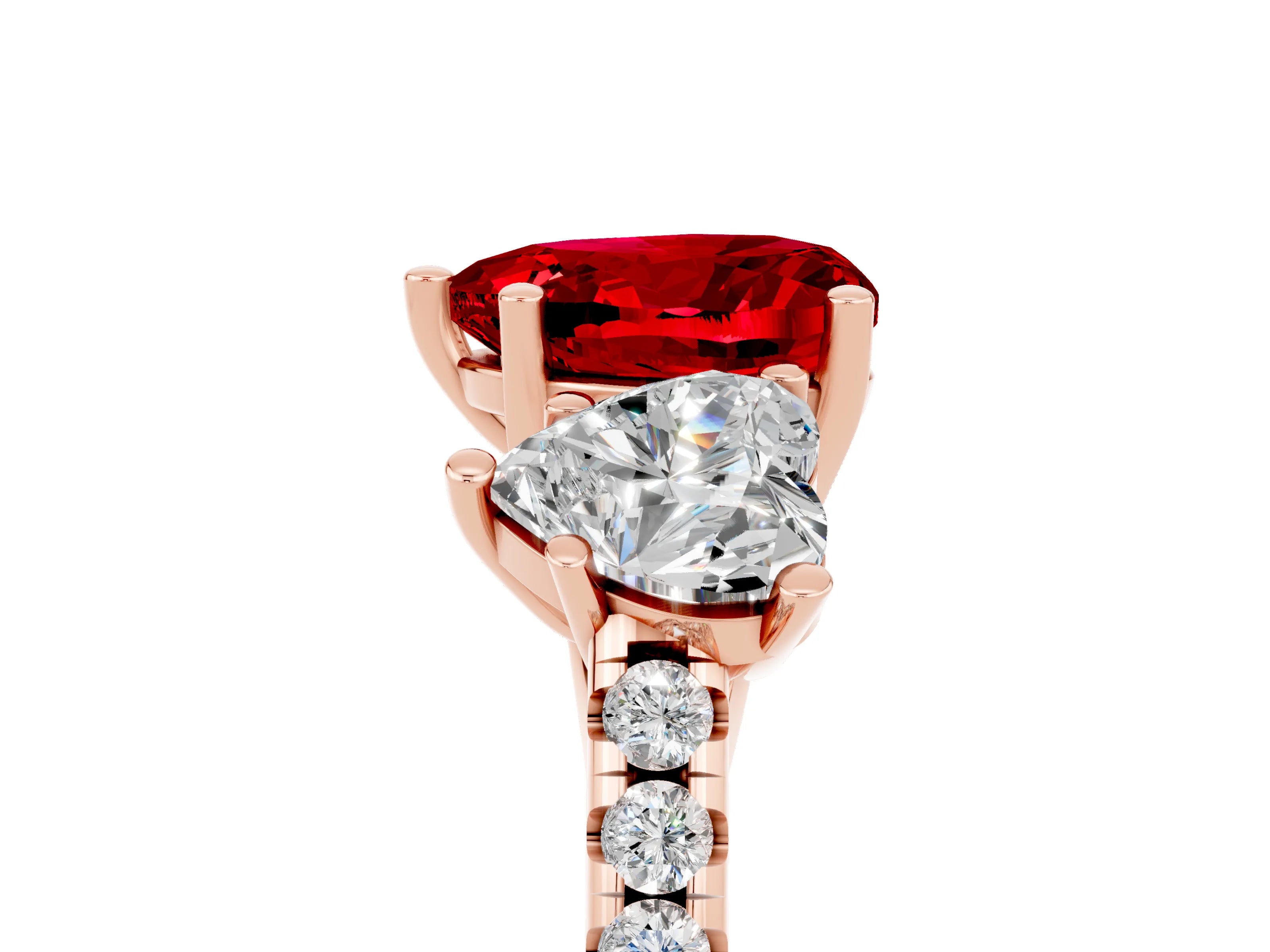 Rose gold Three-Stone Heart Cut Ruby Ring with Pavé Band and Prong Setting_17