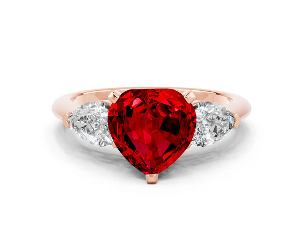Rose gold Three-Stone Heart Cut Ruby Ring with Pear Side Stones and Four-Prong Setting