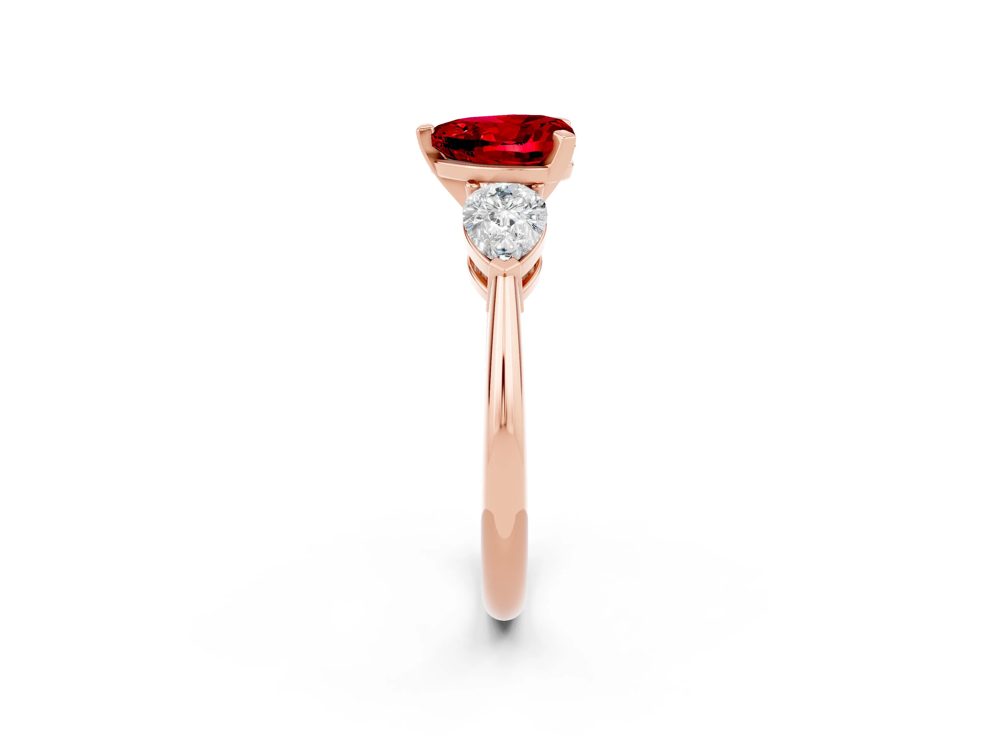 Rose gold Three-Stone Heart Cut Ruby Ring with Pear Side Stones and Four-Prong Setting_2