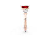 Rose gold Three-Stone Heart Cut Ruby Ring with Pear Side Stones and Four-Prong Setting_2