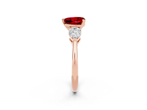 Rose gold Three-Stone Heart Cut Ruby Ring with Pear Side Stones and Four-Prong Setting_2