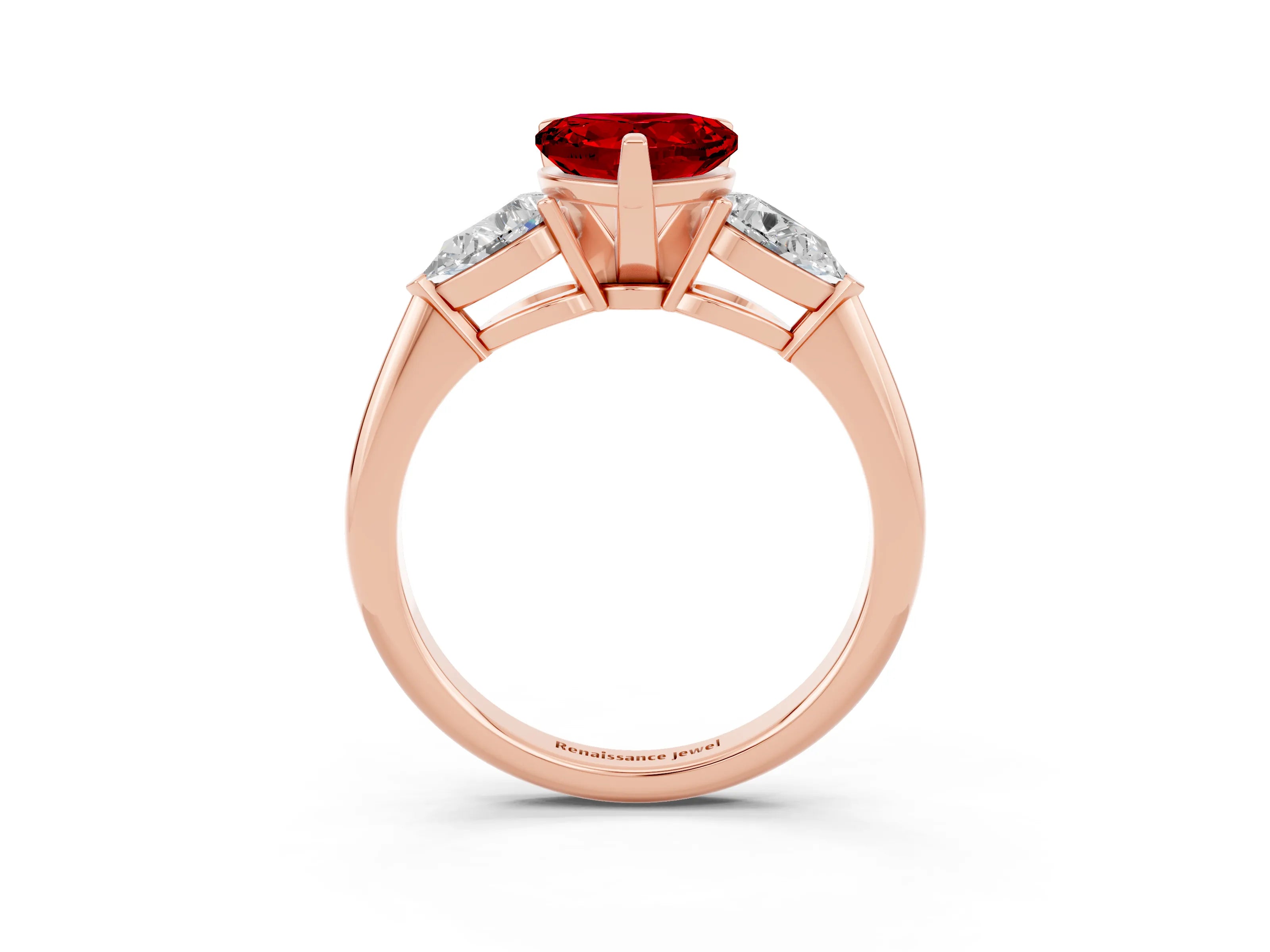 Rose gold Three-Stone Heart Cut Ruby Ring with Pear Side Stones and Four-Prong Setting_3