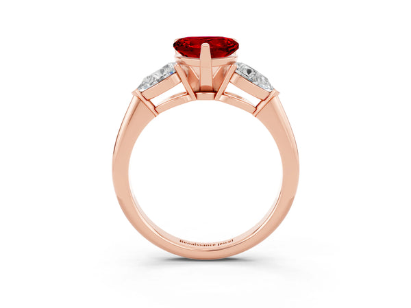 Rose gold Three-Stone Heart Cut Ruby Ring with Pear Side Stones and Four-Prong Setting