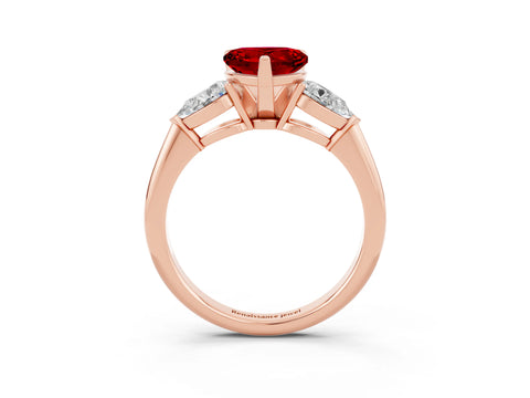 Rose gold Three-Stone Heart Cut Ruby Ring with Pear Side Stones and Four-Prong Setting_3