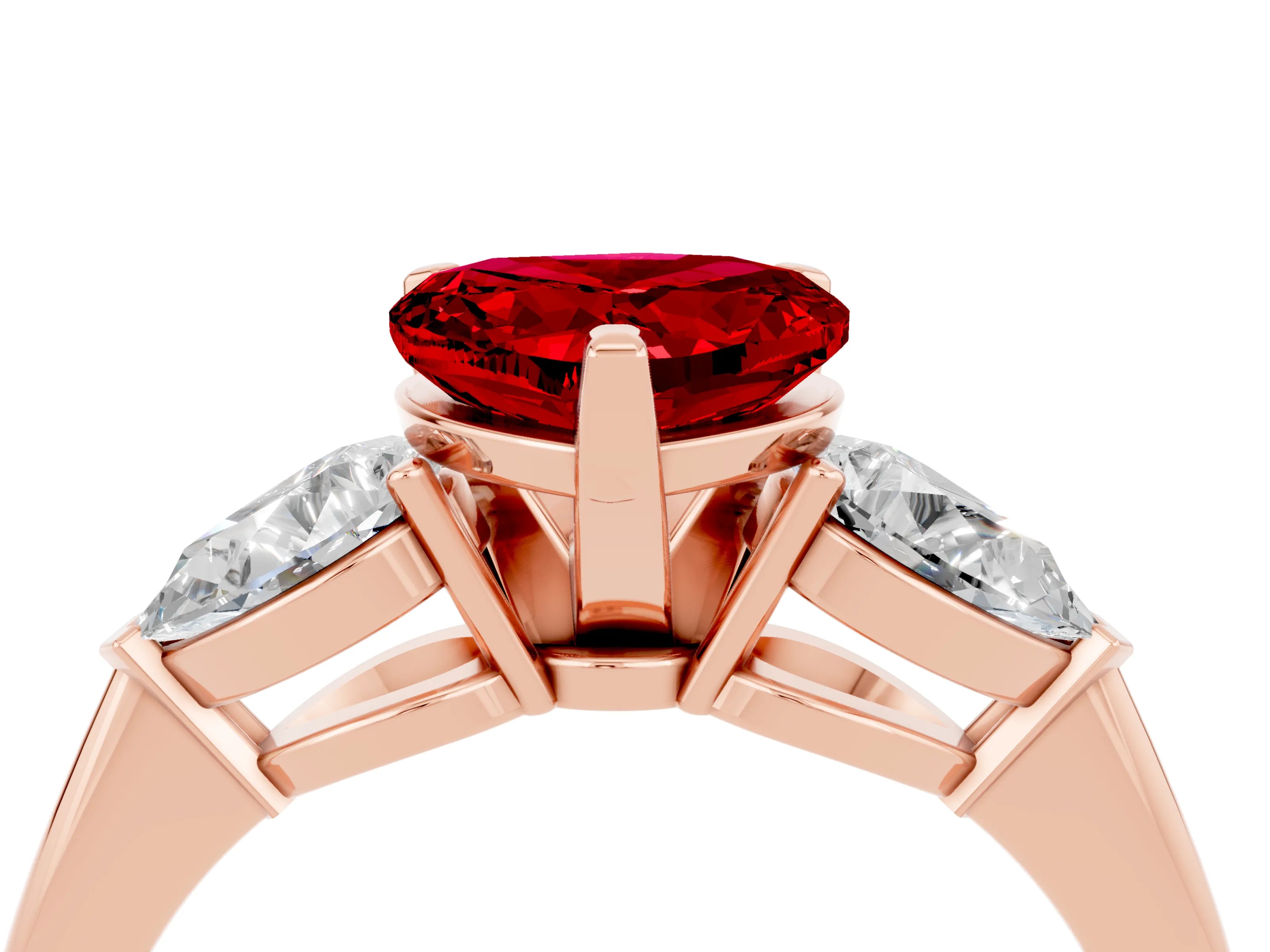 Rose gold Three-Stone Heart Cut Ruby Ring with Pear Side Stones and Four-Prong Setting_4