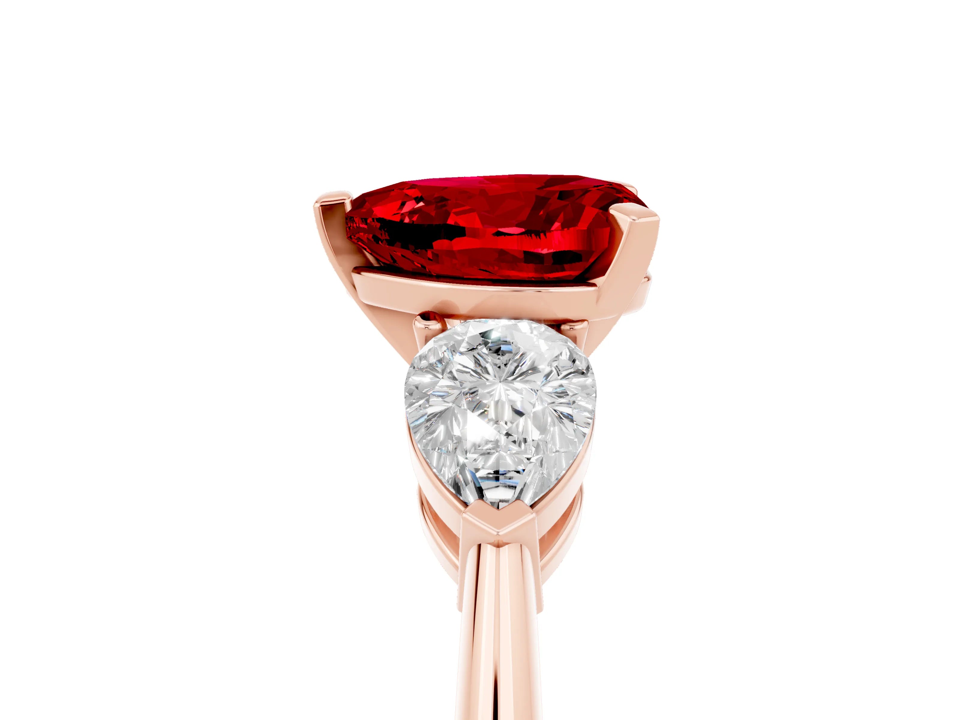 Rose gold Three-Stone Heart Cut Ruby Ring with Pear Side Stones and Four-Prong Setting_5